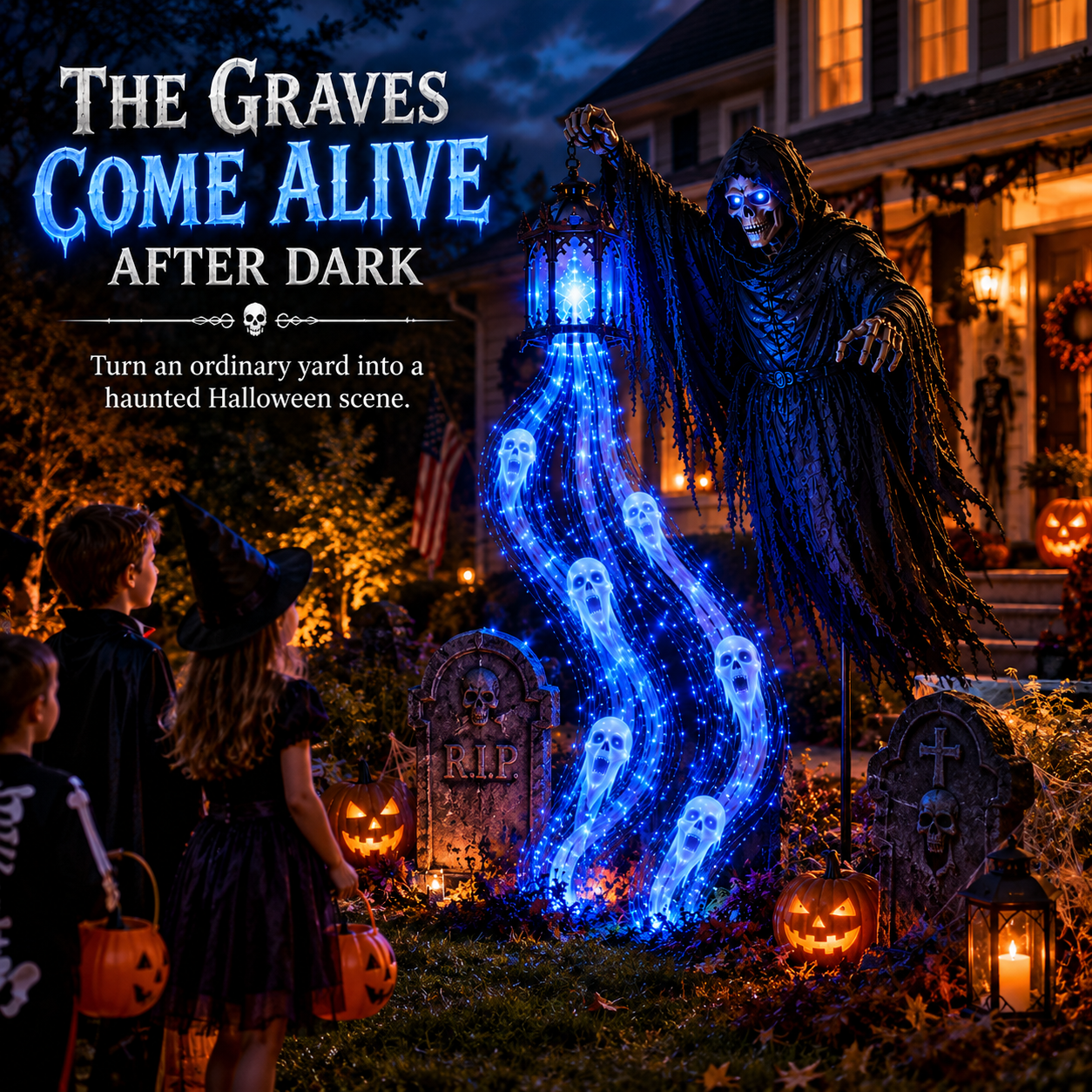 Halloween Soul Harvester glowing blue ghost outdoor garden decoration