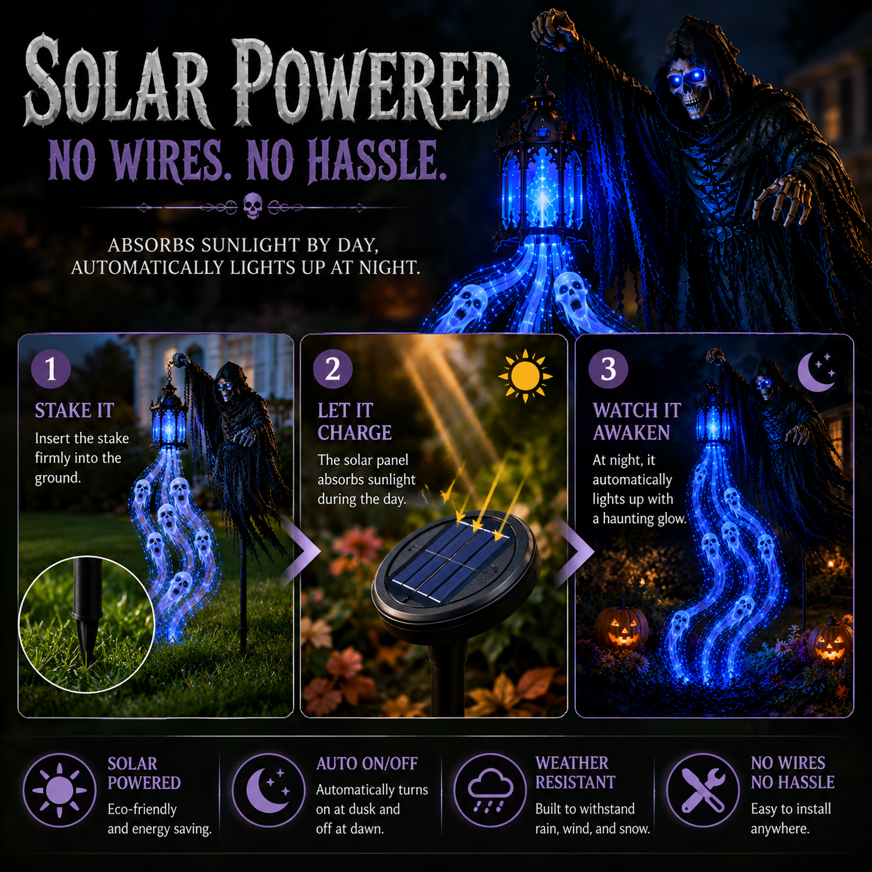 Solar powered Soul Harvester Halloween light installation